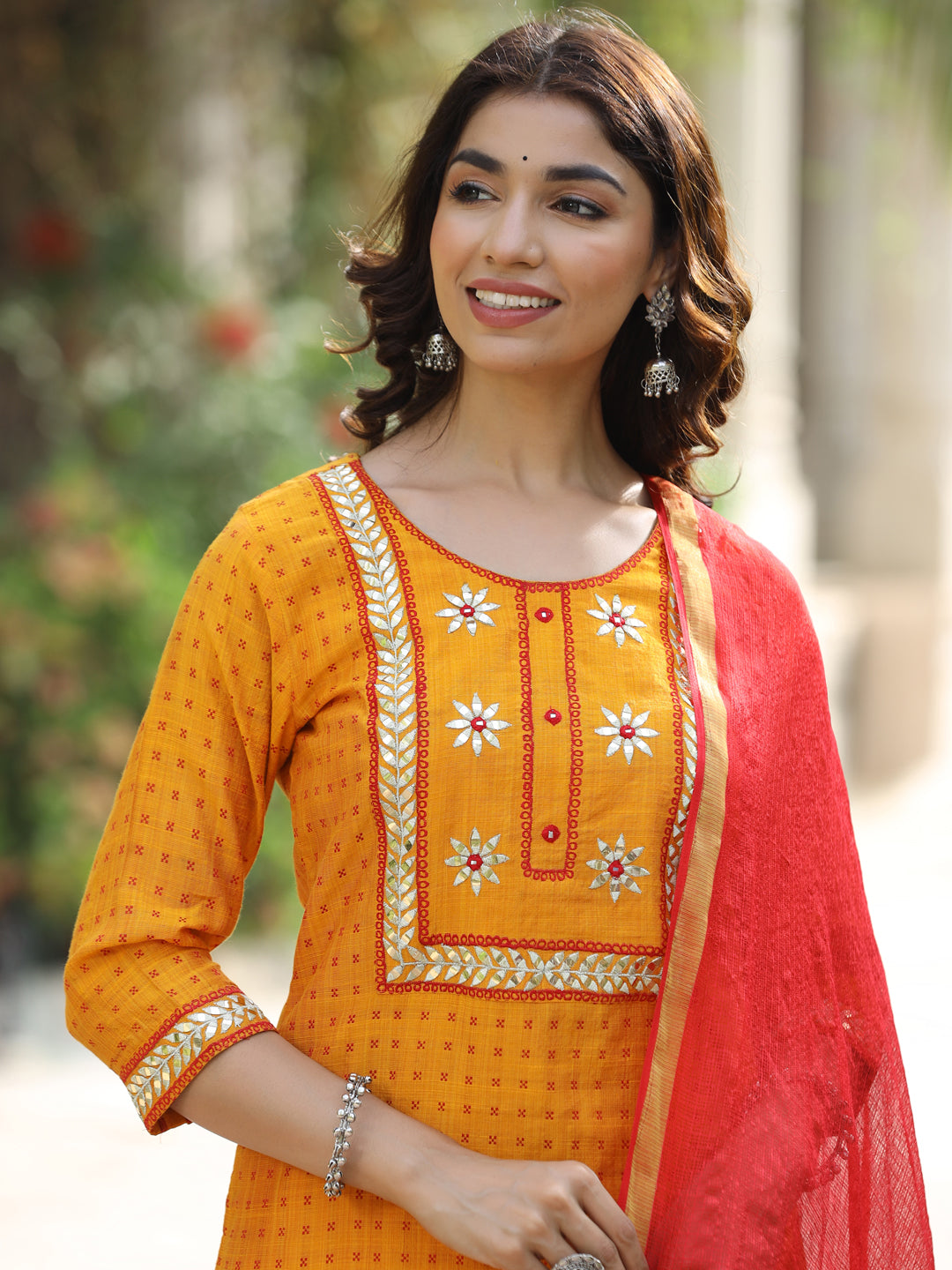 Mustard Self Weave Silk Blend Kurta With Pants And Dupatta