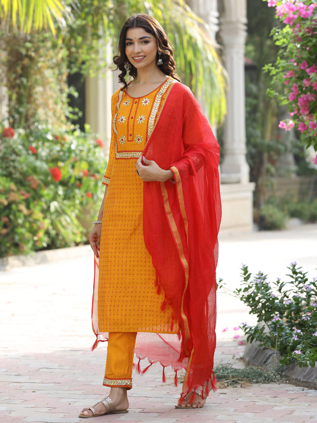 Mustard Self Weave Silk Blend Kurta With Pants And Dupatta