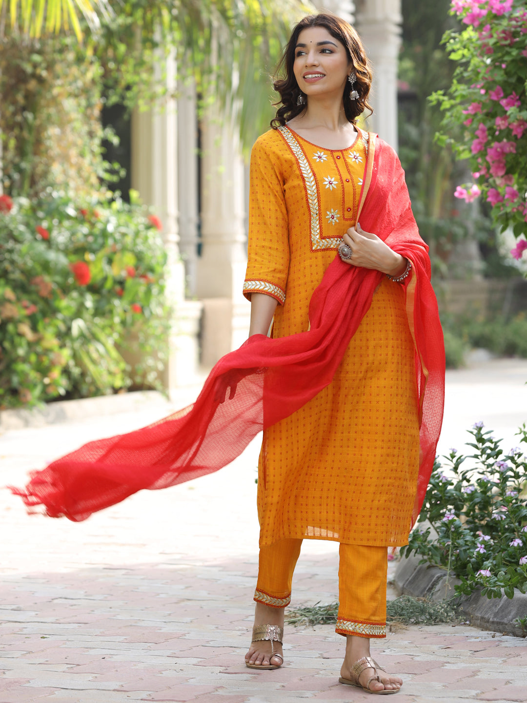 Mustard Self Weave Silk Blend Kurta With Pants And Dupatta