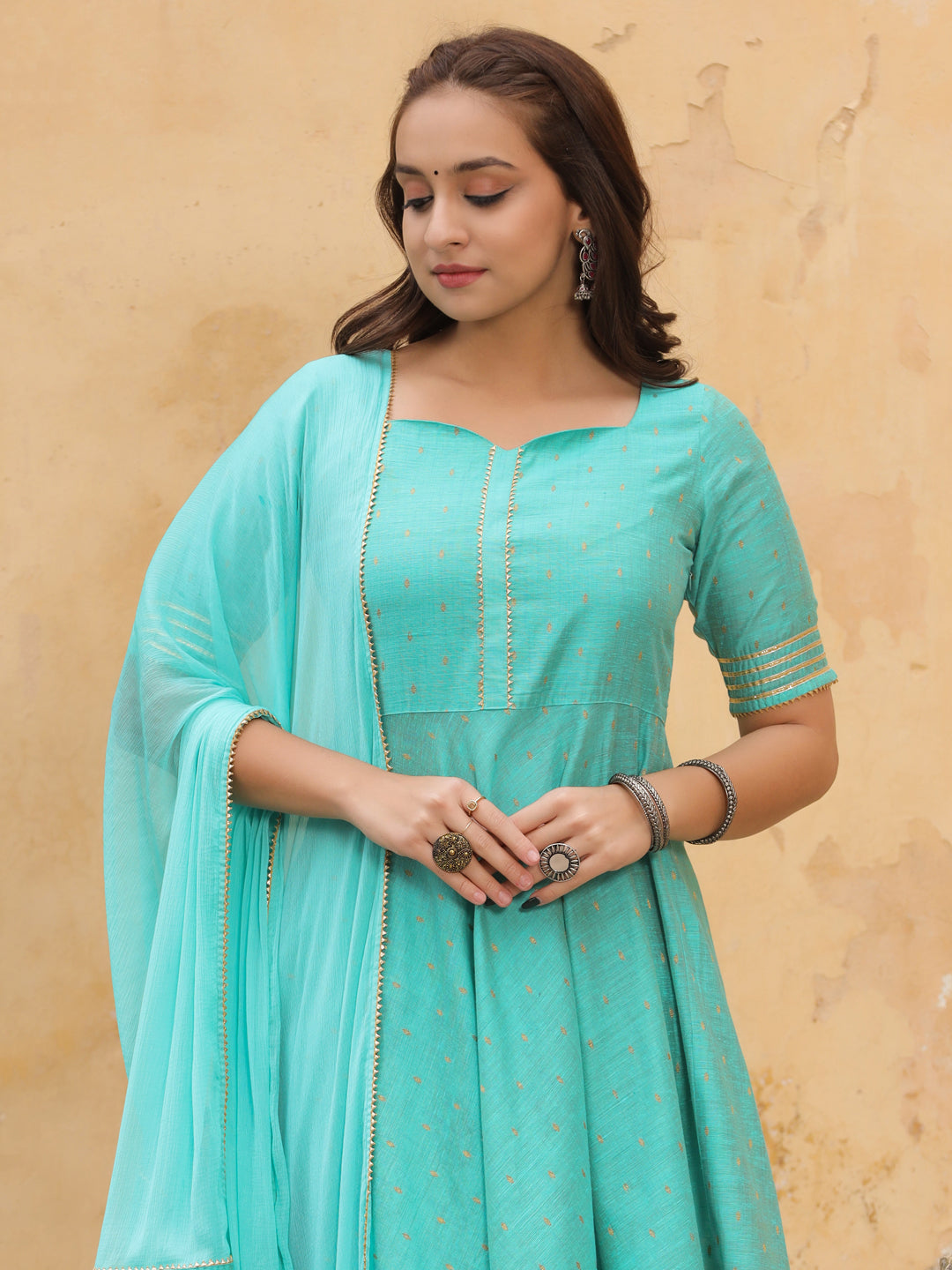 Sea Green Self Weave Chanderi Flared Kurta With Pants And Dupatta