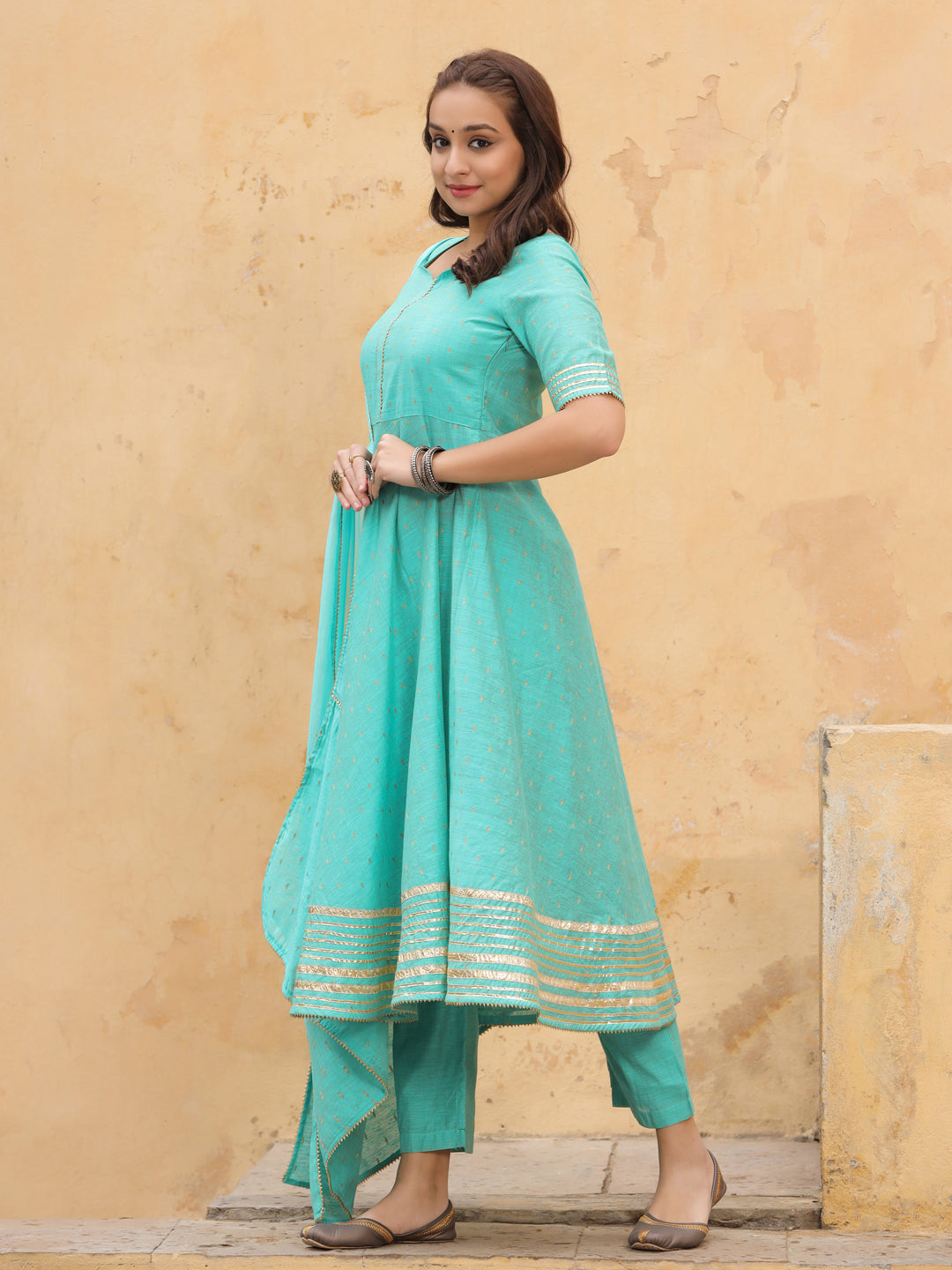 Sea Green Self Weave Chanderi Flared Kurta With Pants And Dupatta