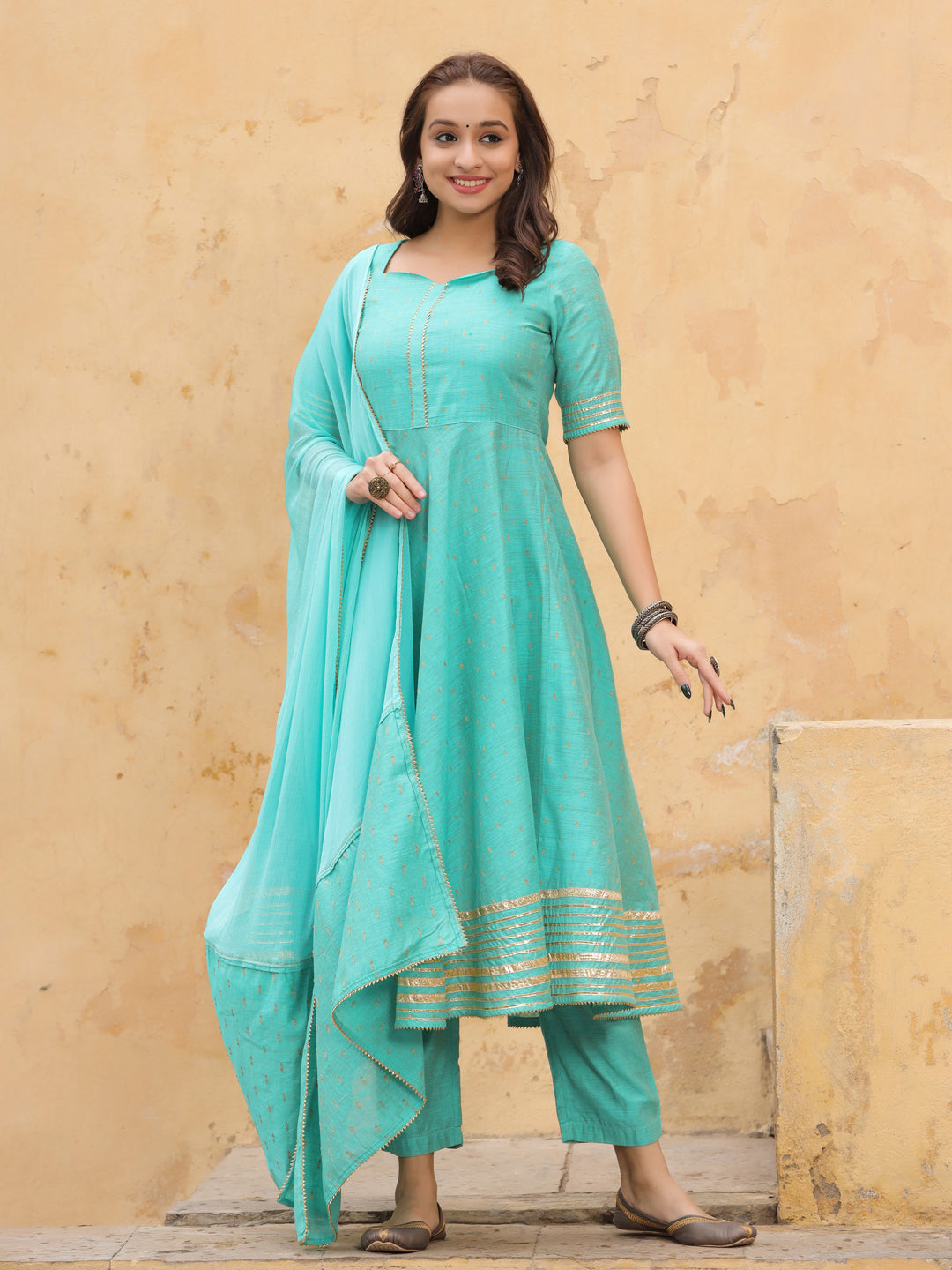 Sea Green Self Weave Chanderi Flared Kurta With Pants And Dupatta