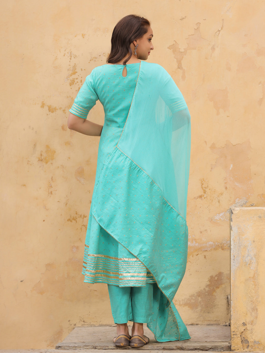 Sea Green Self Weave Chanderi Flared Kurta With Pants And Dupatta