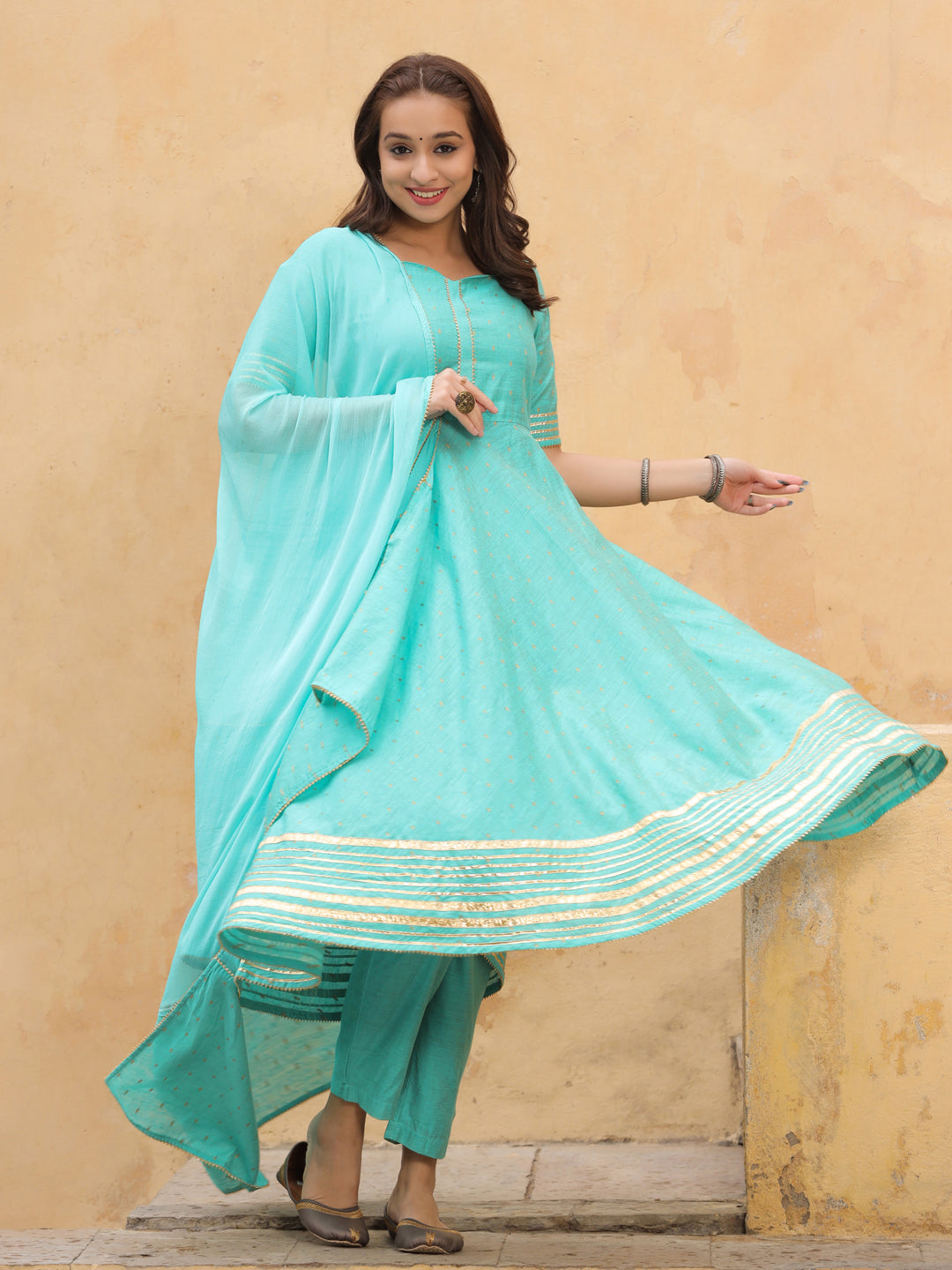 Sea Green Self Weave Chanderi Flared Kurta With Pants And Dupatta