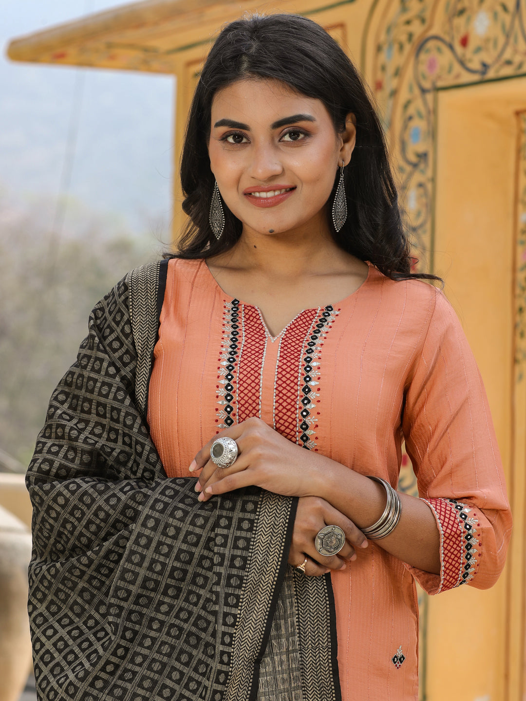 Camel Brown Silk Kurta With Pants And Brocade Dupatta
