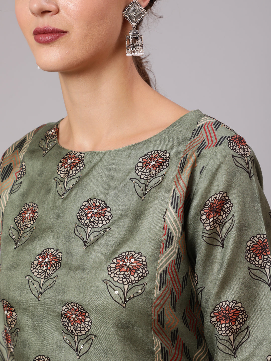 Buy Printed Round Neck Silk Kurta With Pant & Dupatta Online