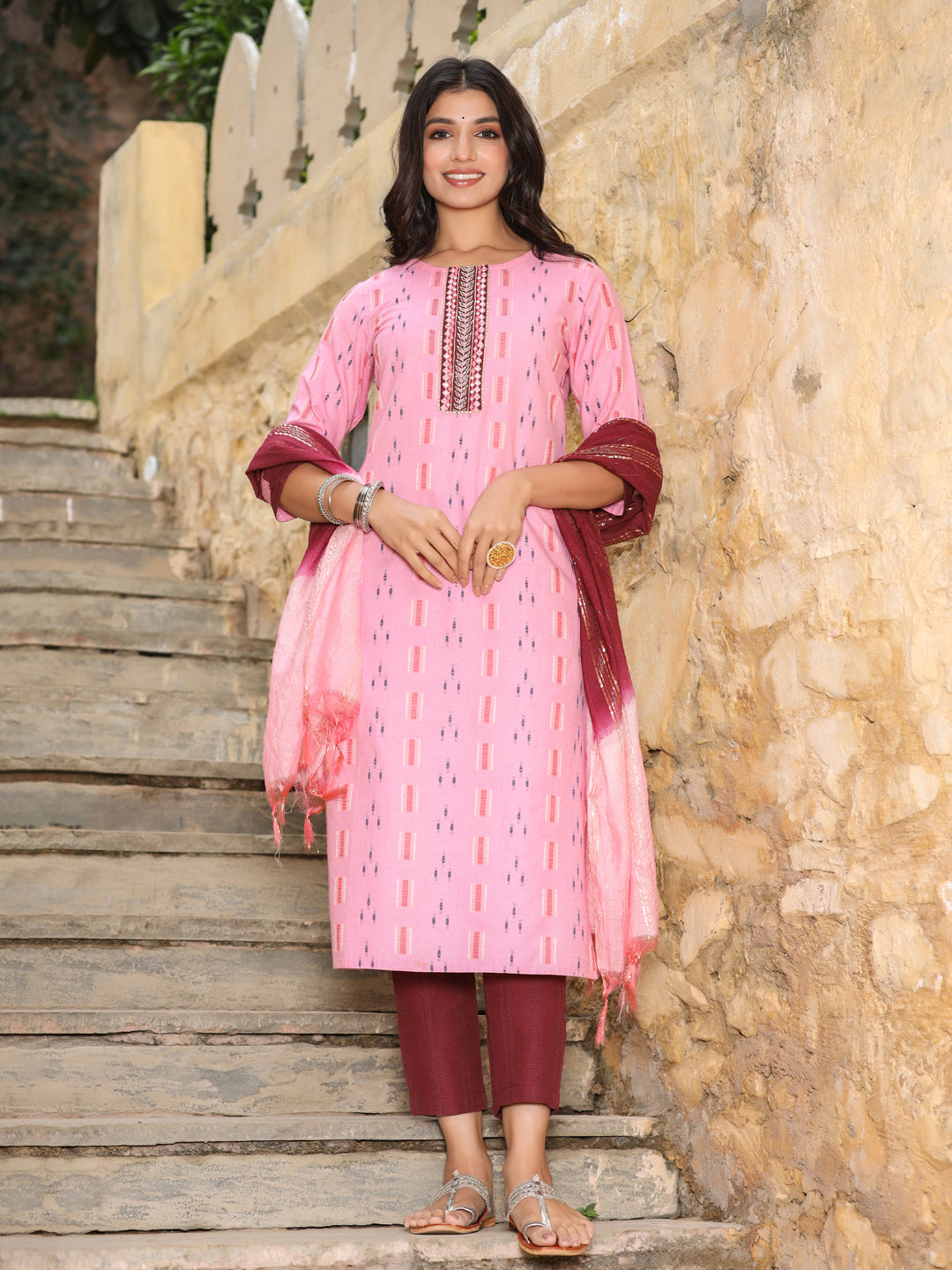 Pink And Burgandy Mirror Work Self Weave Kurta With Pants And Chanderi Dupatta