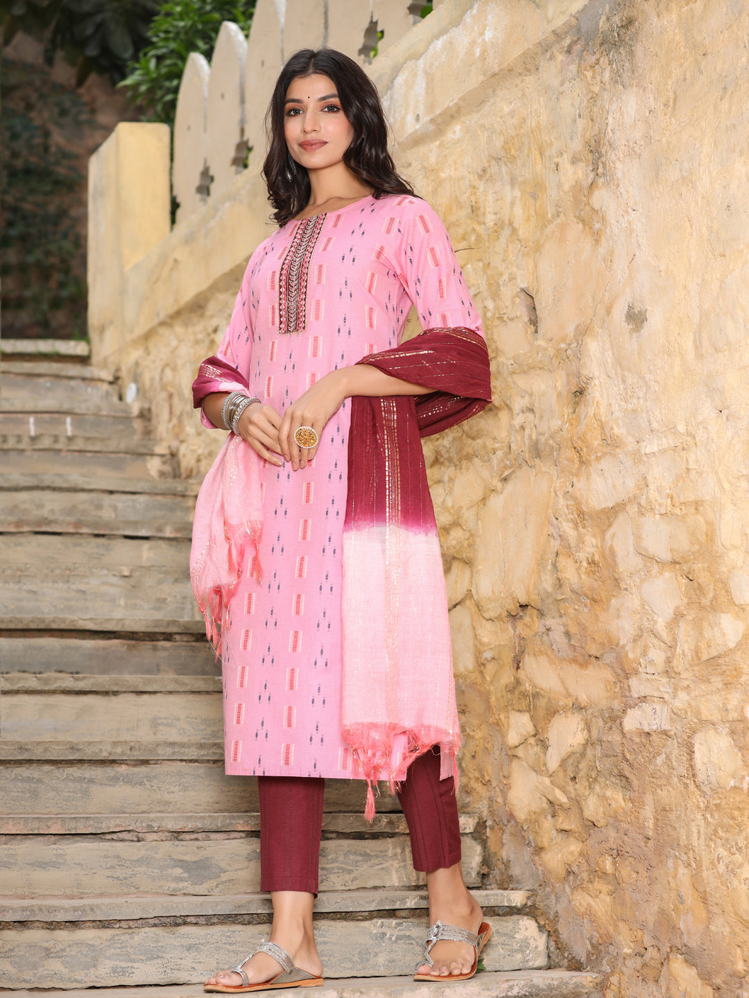Pink And Burgandy Mirror Work Self Weave Kurta With Pants And Chanderi Dupatta