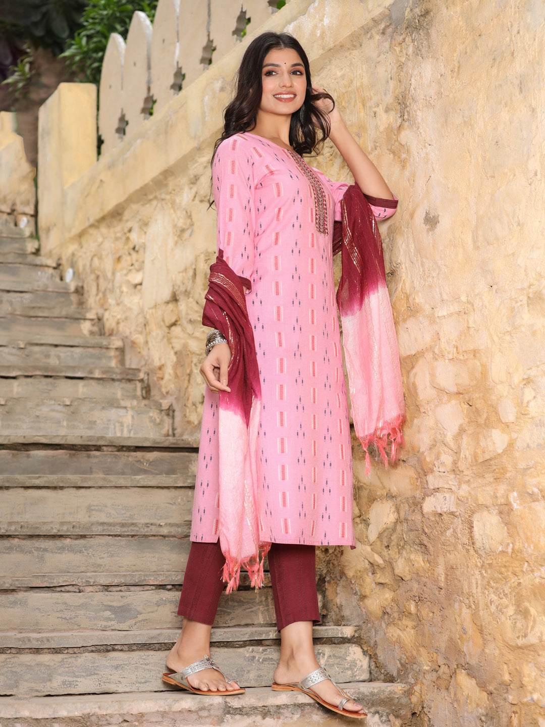 Pink And Burgandy Mirror Work Self Weave Kurta With Pants And Chanderi Dupatta