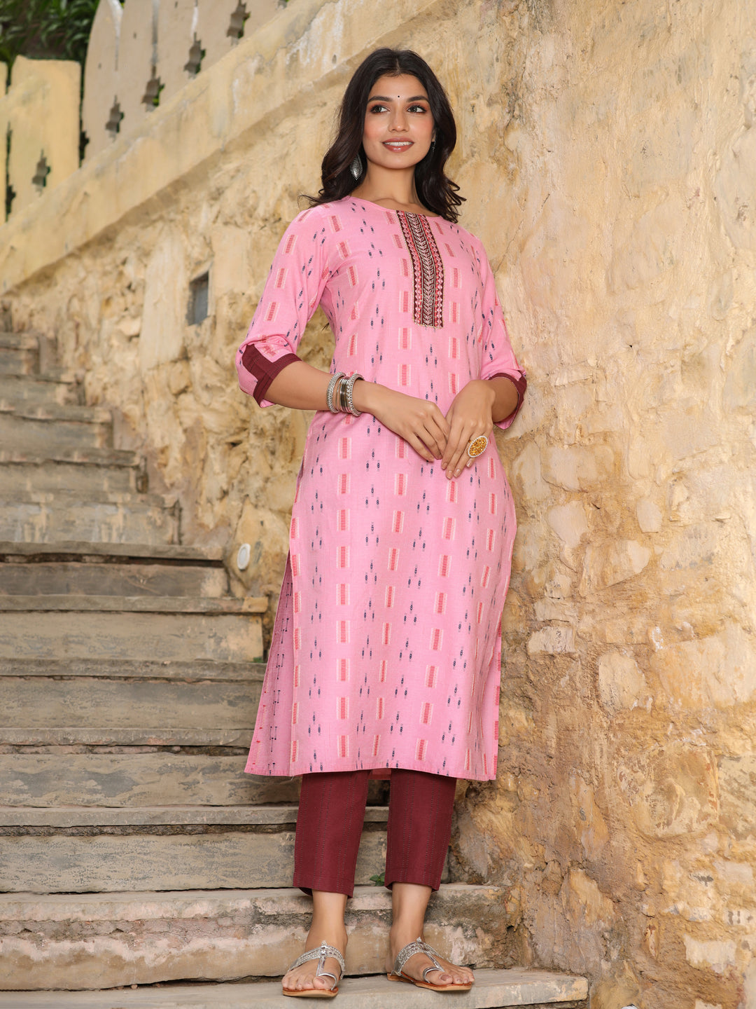 Pink And Burgandy Mirror Work Self Weave Kurta With Pants And Chanderi Dupatta