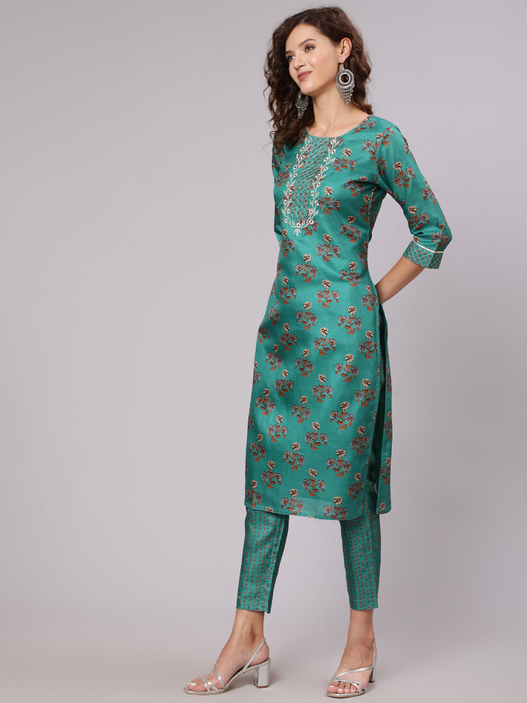 Sea Green Tussar Silk Kurta Has Round Neck, Zari Work In Front Yoke , Three Fourth Sleeves Has Gota Lace, Side Slit, Straight Hem, Cotton Mulmul Lining Attached To It, Printed Silk Blend Palazzo Has Both Side Pocket And Partially Elastic At Waist Ans Has Cotton Mulmul Lining Attached To It., Supernet Printed Dupatta Has Gota Lace All Over The Dupatta.