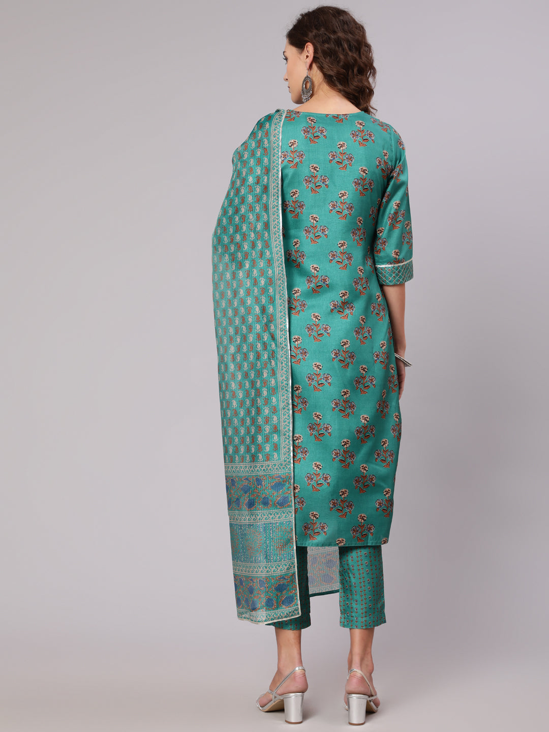 Sea Green Tussar Silk Kurta Has Round Neck, Zari Work In Front Yoke , Three Fourth Sleeves Has Gota Lace, Side Slit, Straight Hem, Cotton Mulmul Lining Attached To It, Printed Silk Blend Palazzo Has Both Side Pocket And Partially Elastic At Waist Ans Has Cotton Mulmul Lining Attached To It., Supernet Printed Dupatta Has Gota Lace All Over The Dupatta.
