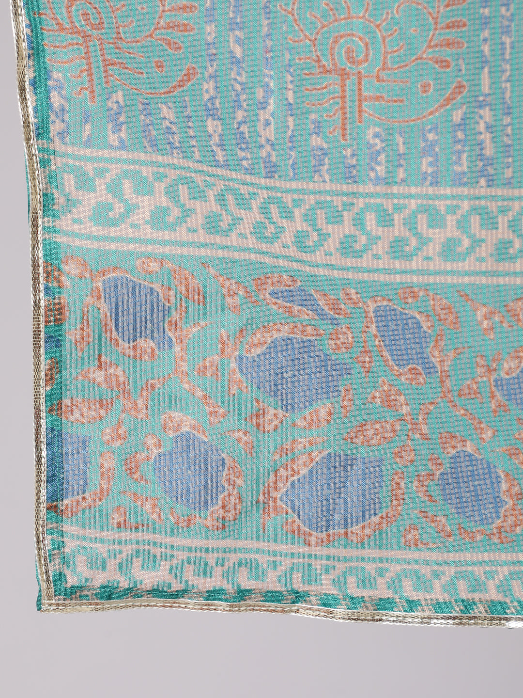 Sea Green Tussar Silk Kurta Has Round Neck, Zari Work In Front Yoke , Three Fourth Sleeves Has Gota Lace, Side Slit, Straight Hem, Cotton Mulmul Lining Attached To It, Printed Silk Blend Palazzo Has Both Side Pocket And Partially Elastic At Waist Ans Has Cotton Mulmul Lining Attached To It., Supernet Printed Dupatta Has Gota Lace All Over The Dupatta.