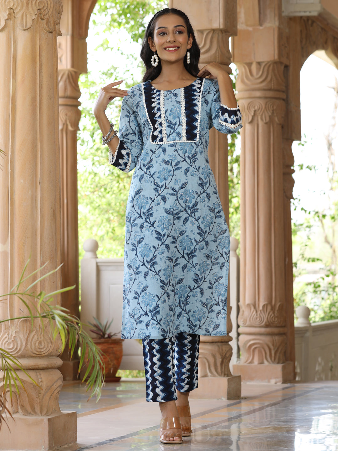 Blue Straight Ethnic Printed Lace Embellished Kurta With Printed Pants