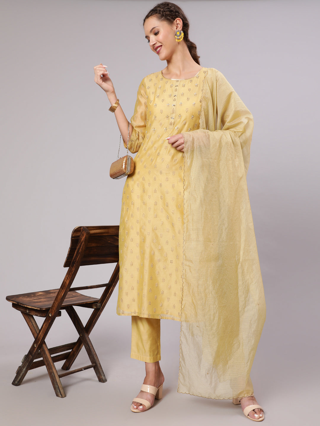 Shop Festive Wear Chanderi Kurta pant & Dupatta | Jaipur Kurti Shop Latest Festive wear Gold Print Pearl Embellished Chanderi Round Neck Kurta Pants & Kota Tissue Embroidered Scallop Dupatta for Women Online at Jaipur Kurti