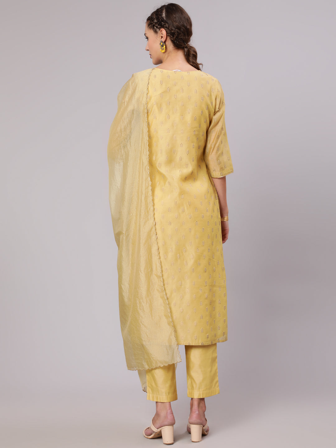 Shop Festive Wear Chanderi Kurta pant & Dupatta | Jaipur Kurti Shop Latest Festive wear Gold Print Pearl Embellished Chanderi Round Neck Kurta Pants & Kota Tissue Embroidered Scallop Dupatta for Women Online at Jaipur Kurti