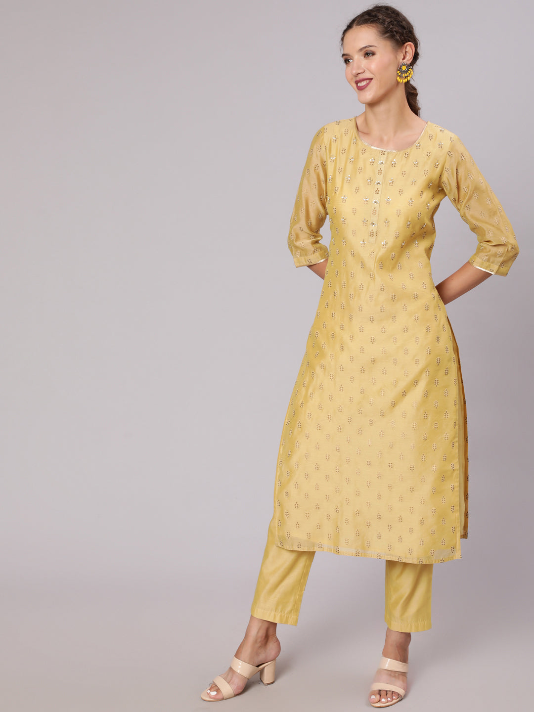 Shop Festive Wear Chanderi Kurta pant & Dupatta | Jaipur Kurti Shop Latest Festive wear Gold Print Pearl Embellished Chanderi Round Neck Kurta Pants & Kota Tissue Embroidered Scallop Dupatta for Women Online at Jaipur Kurti