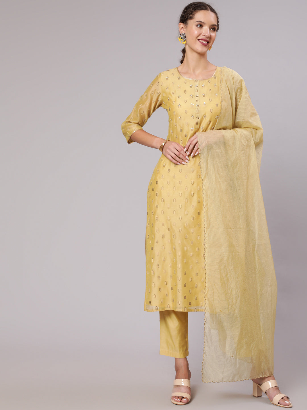 Shop Festive Wear Chanderi Kurta pant & Dupatta | Jaipur Kurti Shop Latest Festive wear Gold Print Pearl Embellished Chanderi Round Neck Kurta Pants & Kota Tissue Embroidered Scallop Dupatta for Women Online at Jaipur Kurti