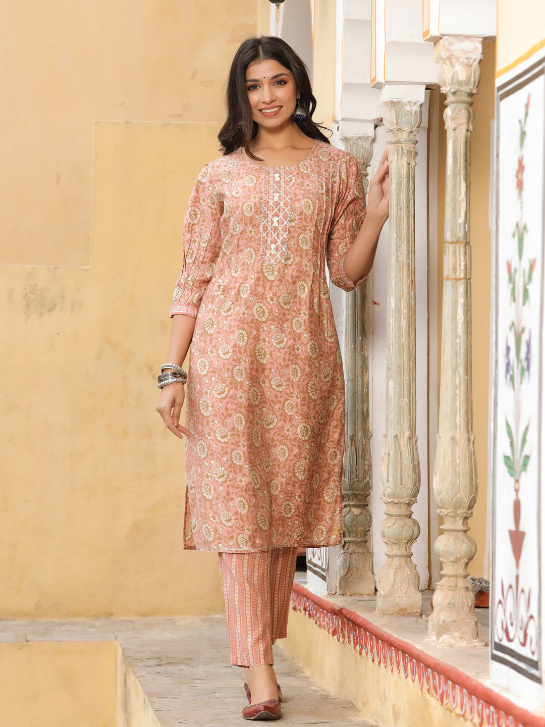 Peach Chanderi Printed Kurta With Pants