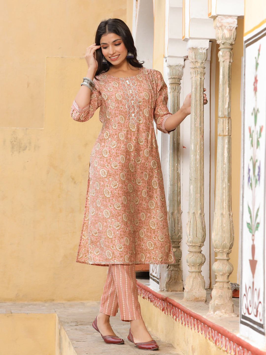 Peach Chanderi Printed Kurta With Pants