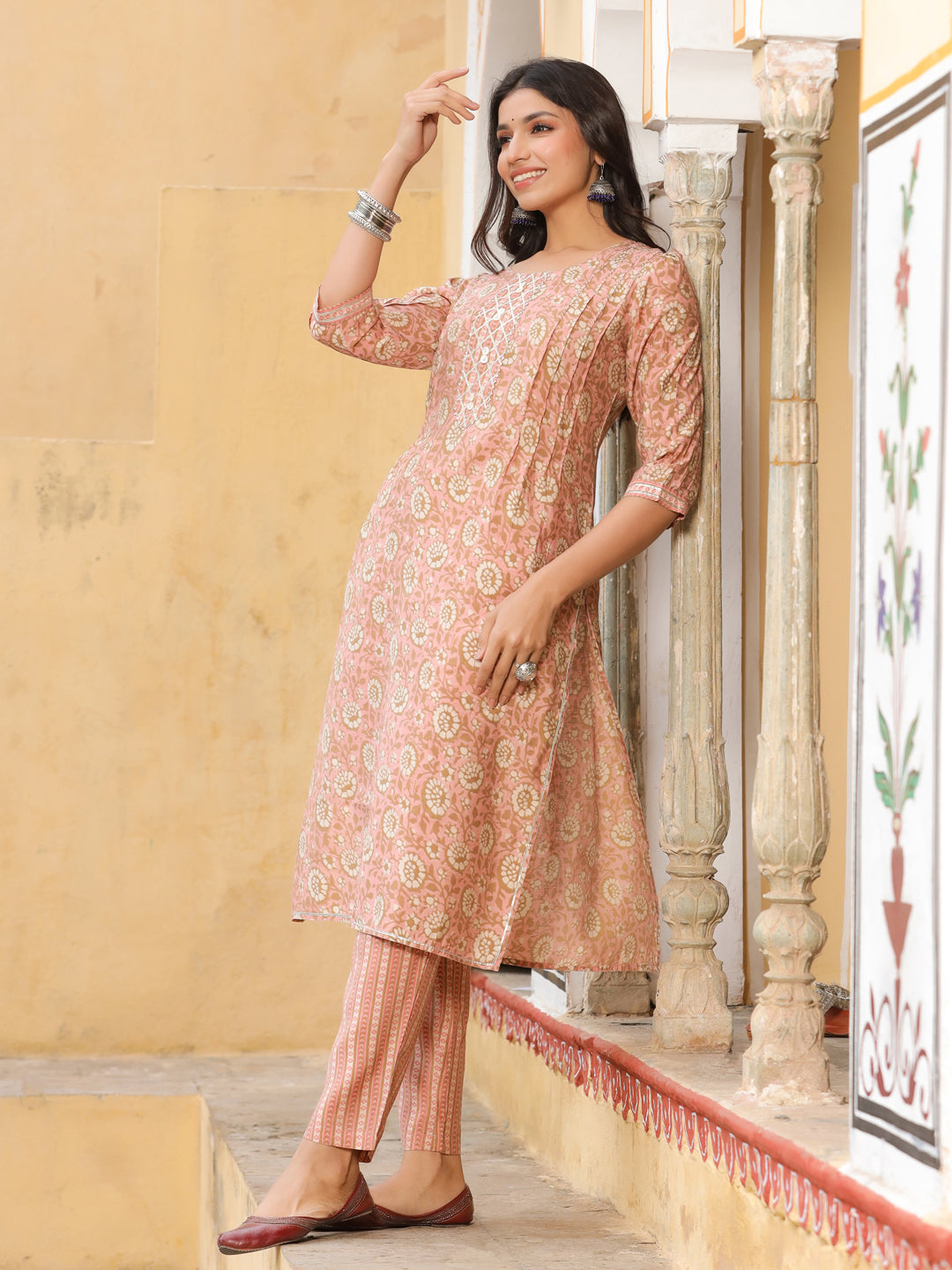 Peach Chanderi Printed Kurta With Pants