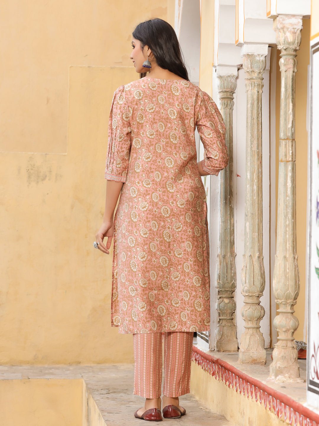 Peach Chanderi Printed Kurta With Pants