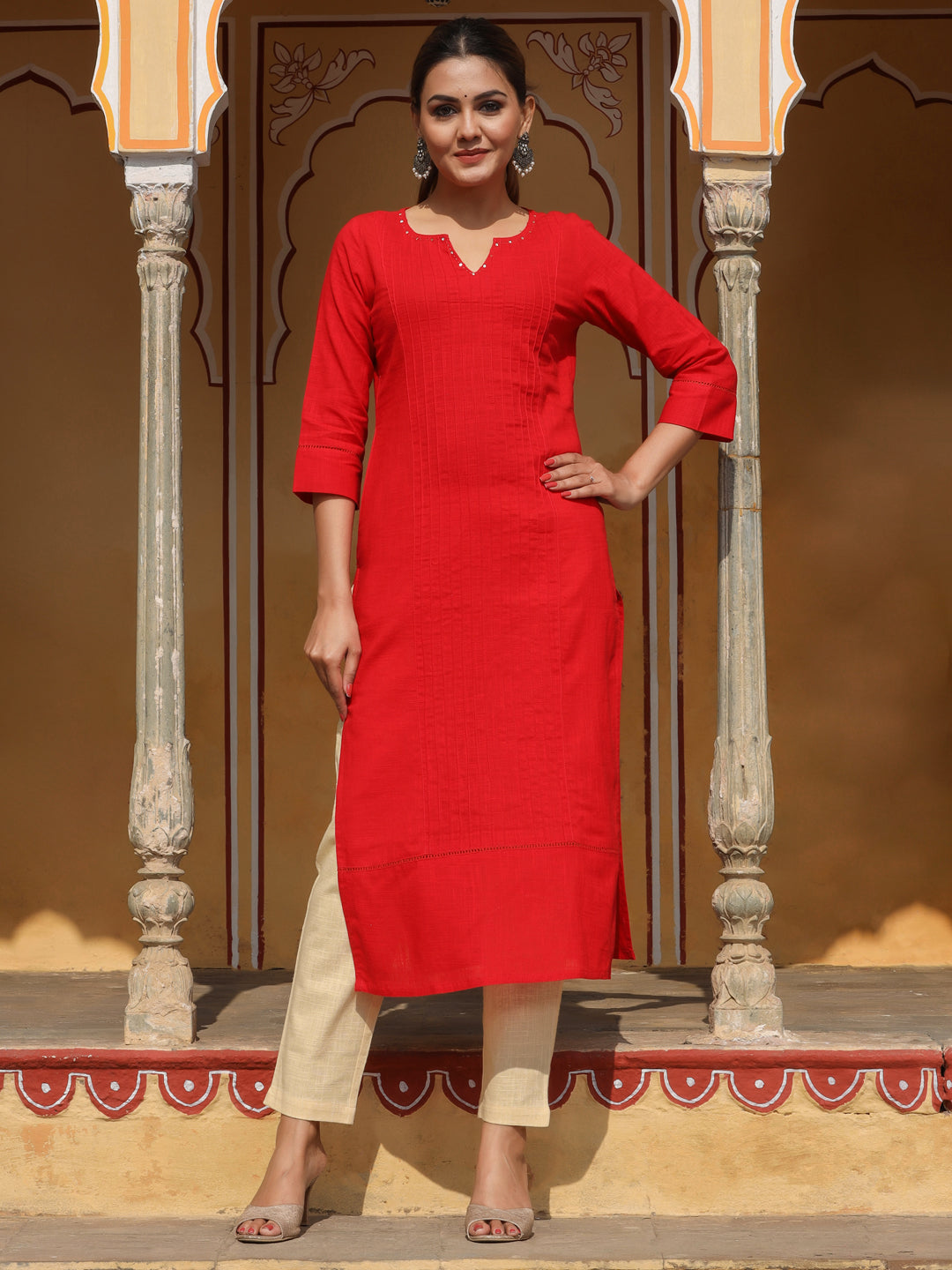 Red Cotton Pin Tucks Straight Kurta With Pants