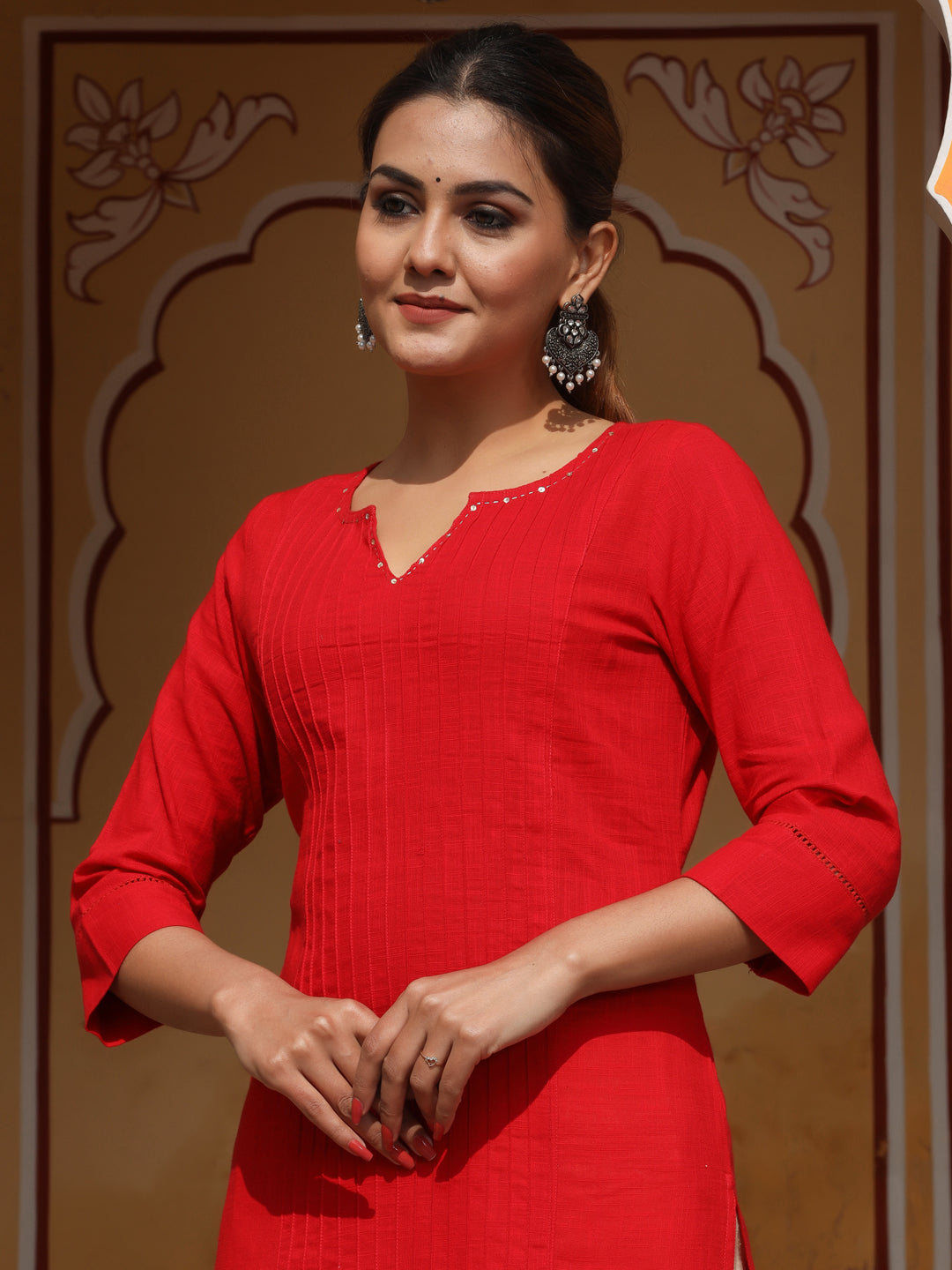 Red Cotton Pin Tucks Straight Kurta With Pants