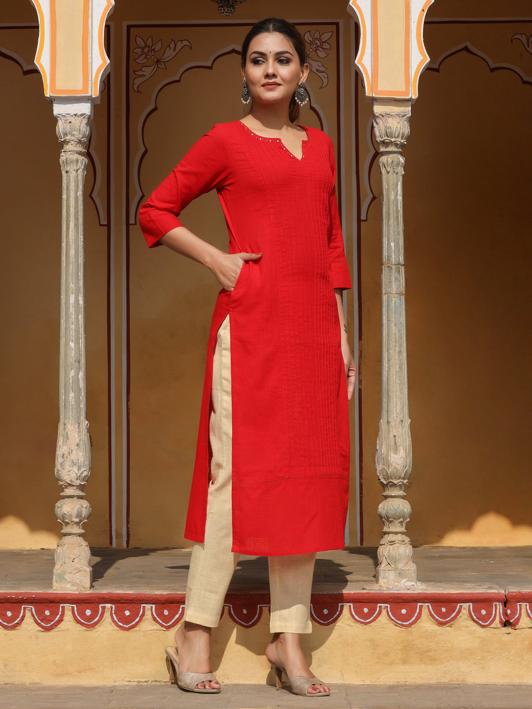Red Cotton Pin Tucks Straight Kurta With Pants