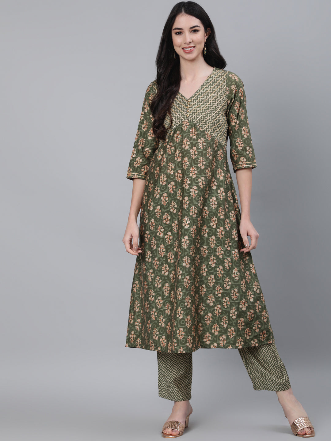 Green Chanderi Ethnic Print A-Line Kurta With Pants