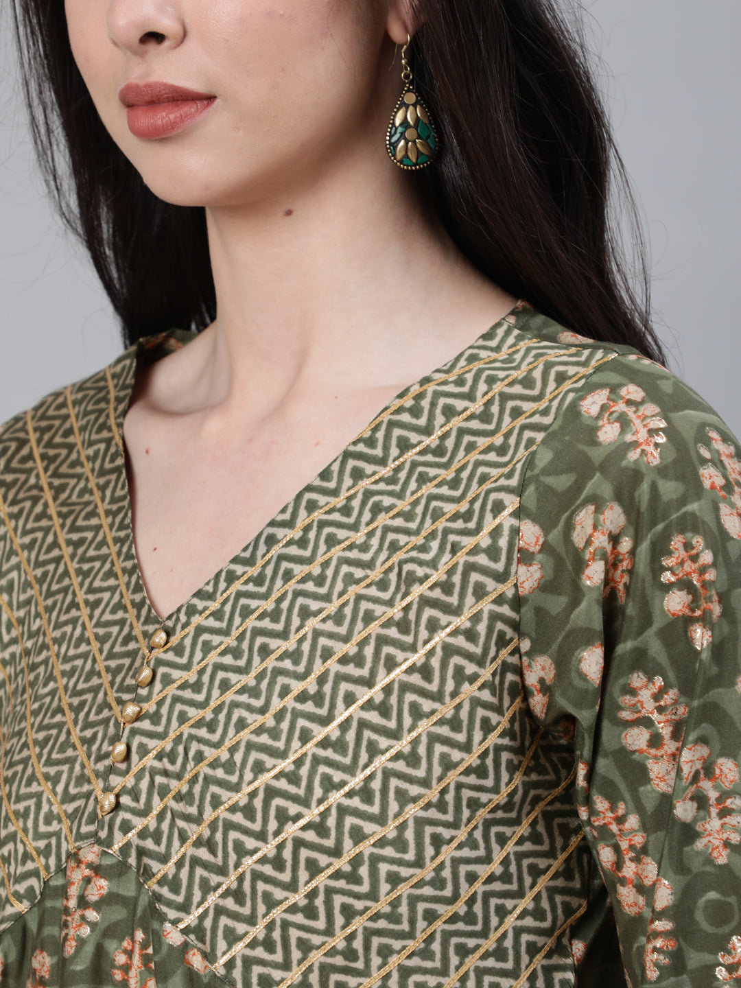 Green Chanderi Ethnic Print A-Line Kurta With Pants