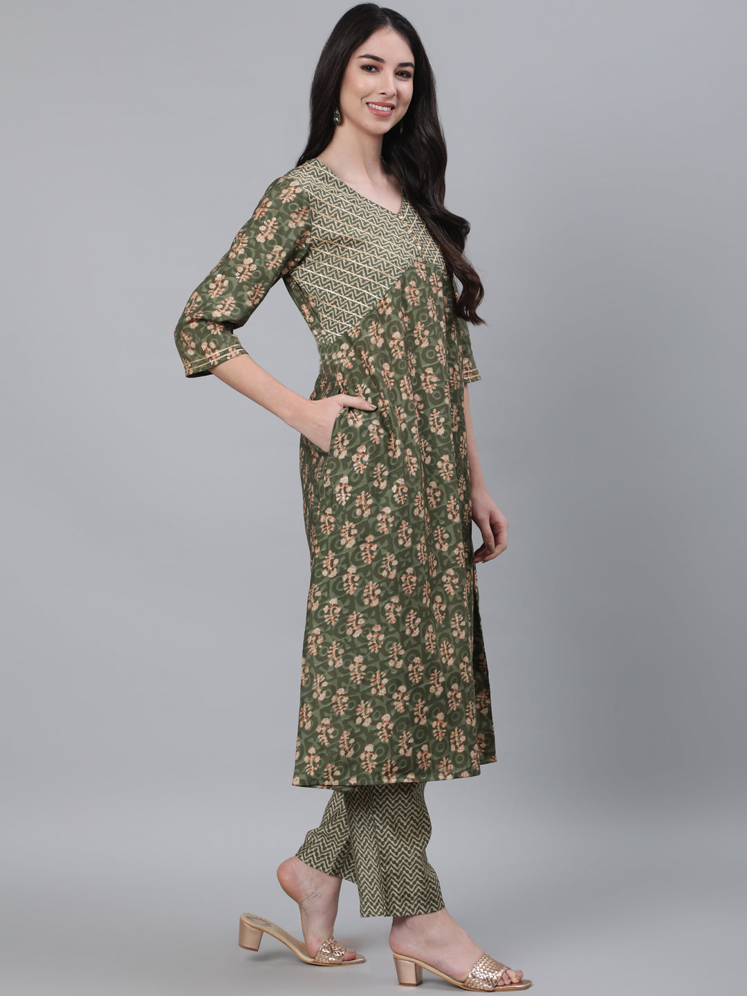 Green Chanderi Ethnic Print A-Line Kurta With Pants