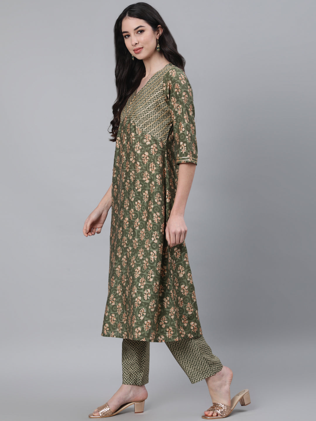 Green Chanderi Ethnic Print A-Line Kurta With Pants