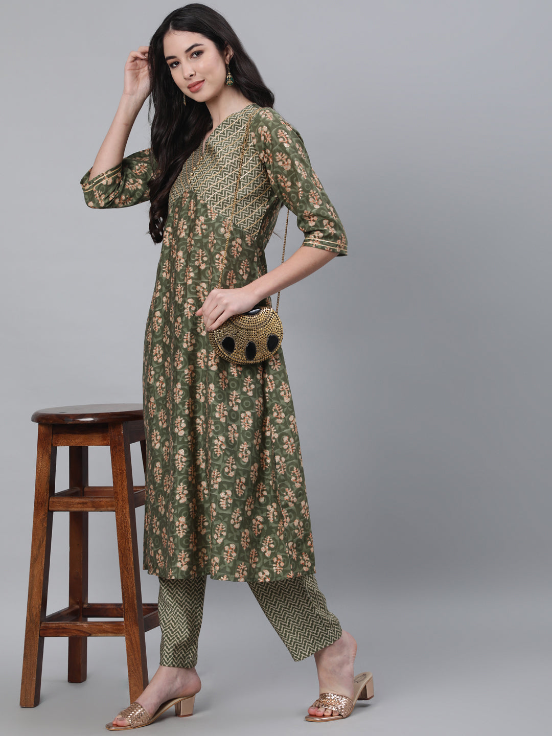 Green Chanderi Ethnic Print A-Line Kurta With Pants