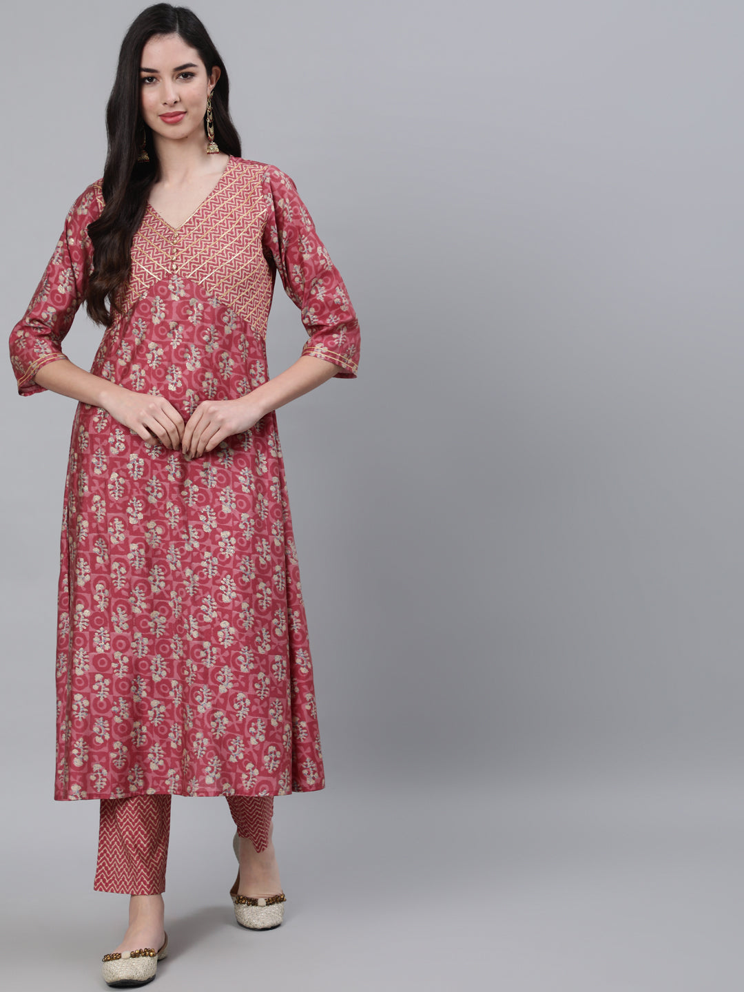 Pink Chanderi Ethnic Print A-Line Kurta With Pants