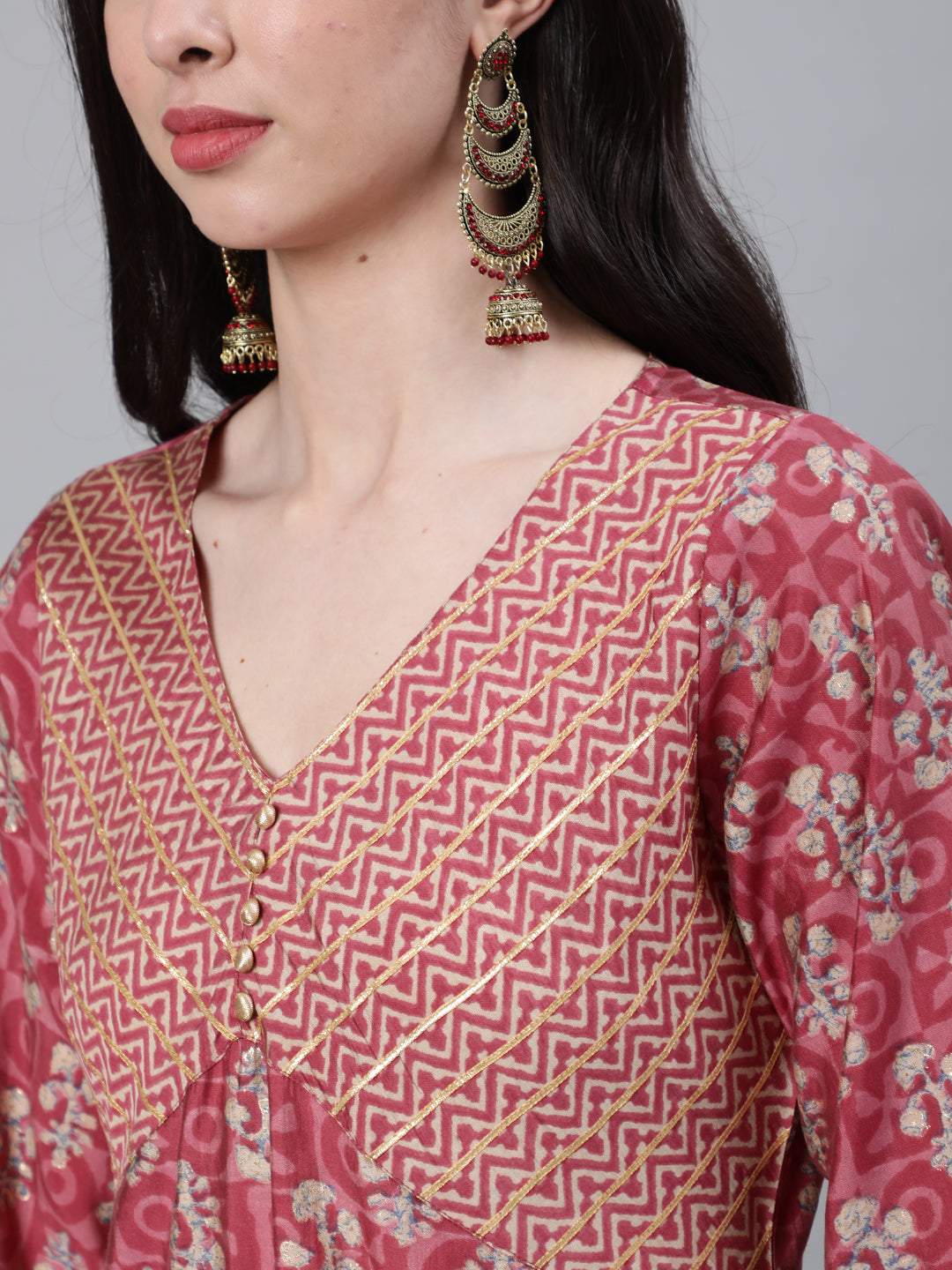 Pink Chanderi Ethnic Print A-Line Kurta With Pants