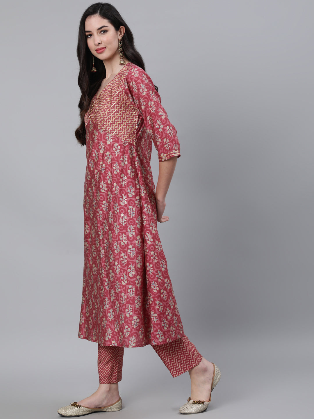 Pink Chanderi Ethnic Print A-Line Kurta With Pants