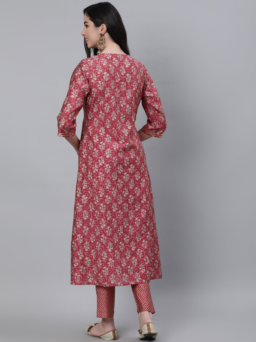 Pink Chanderi Ethnic Print A-Line Kurta With Pants