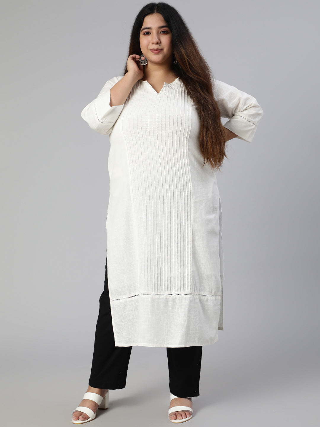 White Cotton Pin Tucks Straight Kurta With Pants