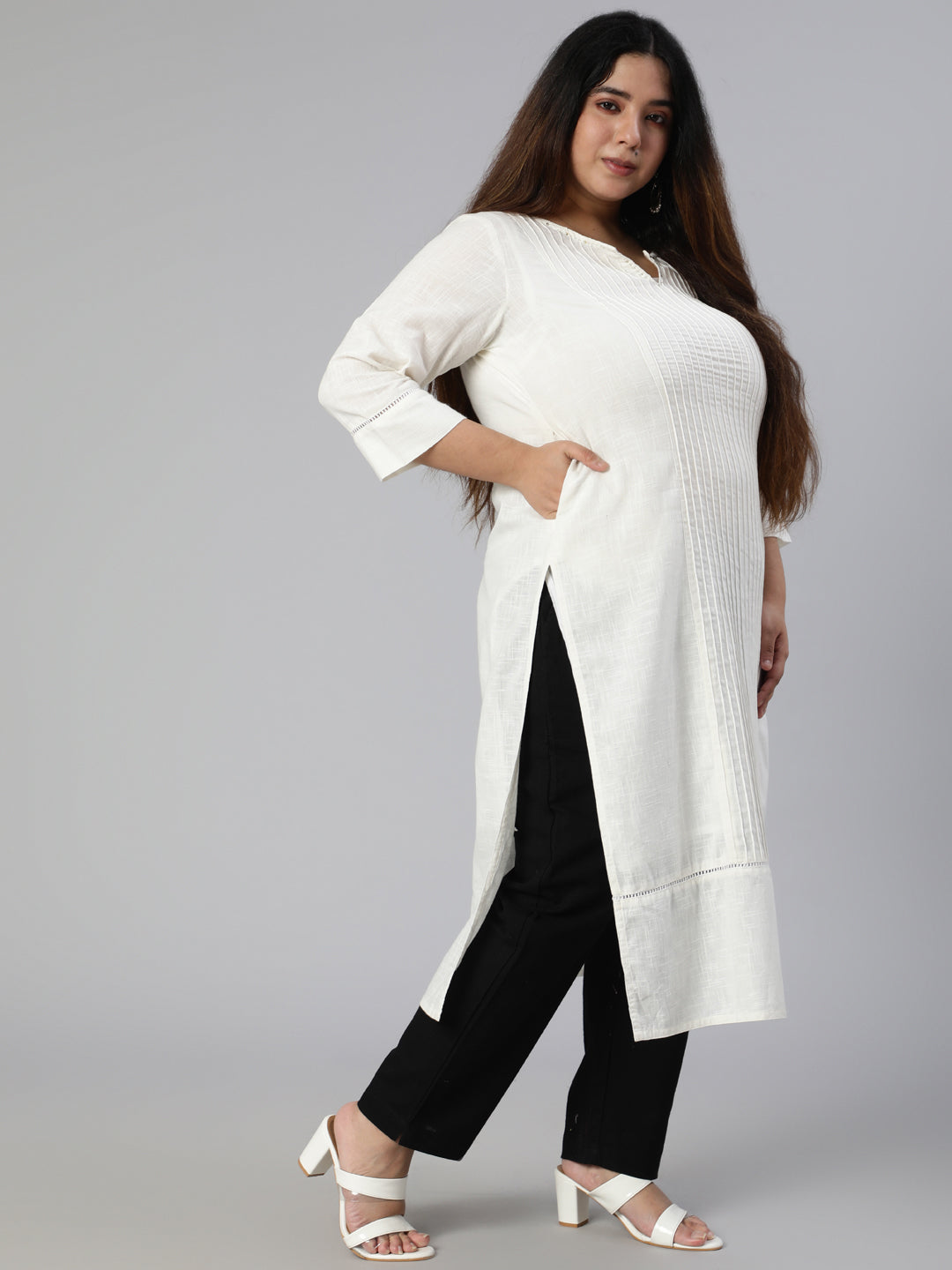 White Cotton Pin Tucks Straight Kurta With Pants