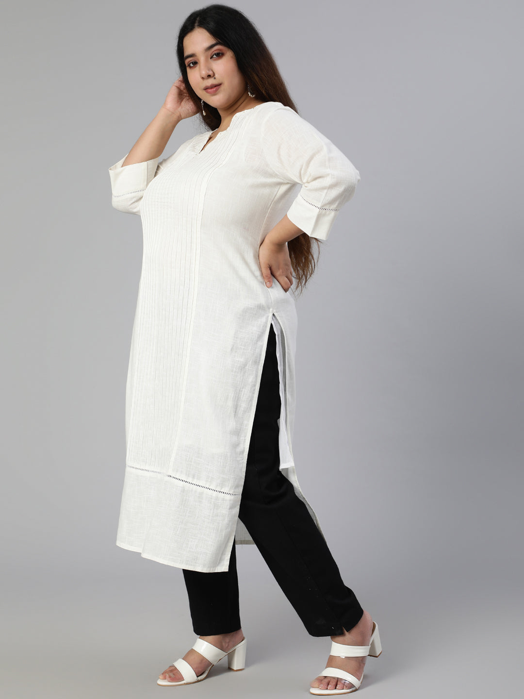 White Cotton Pin Tucks Straight Kurta With Pants