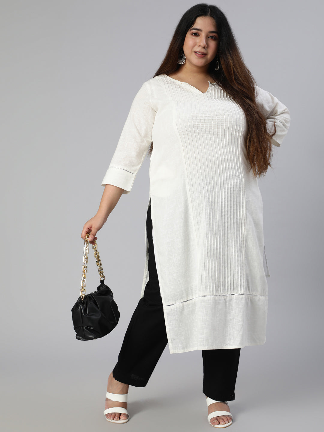 White Cotton Pin Tucks Straight Kurta With Pants