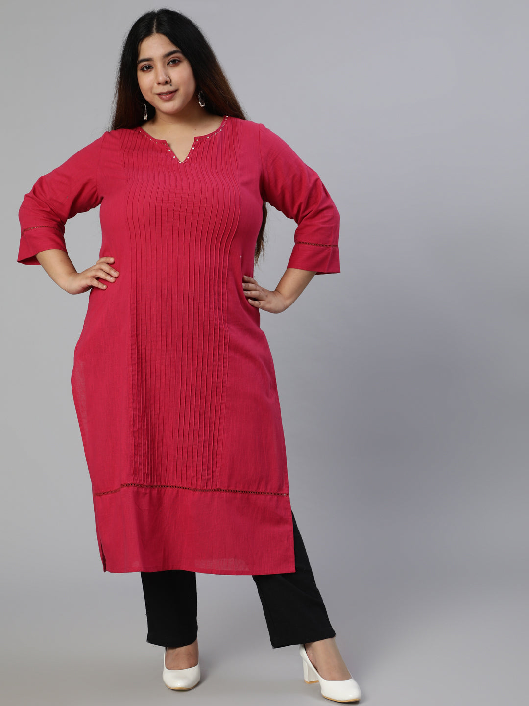 Pink Cotton Pin Tucks Straight Kurta With Pants