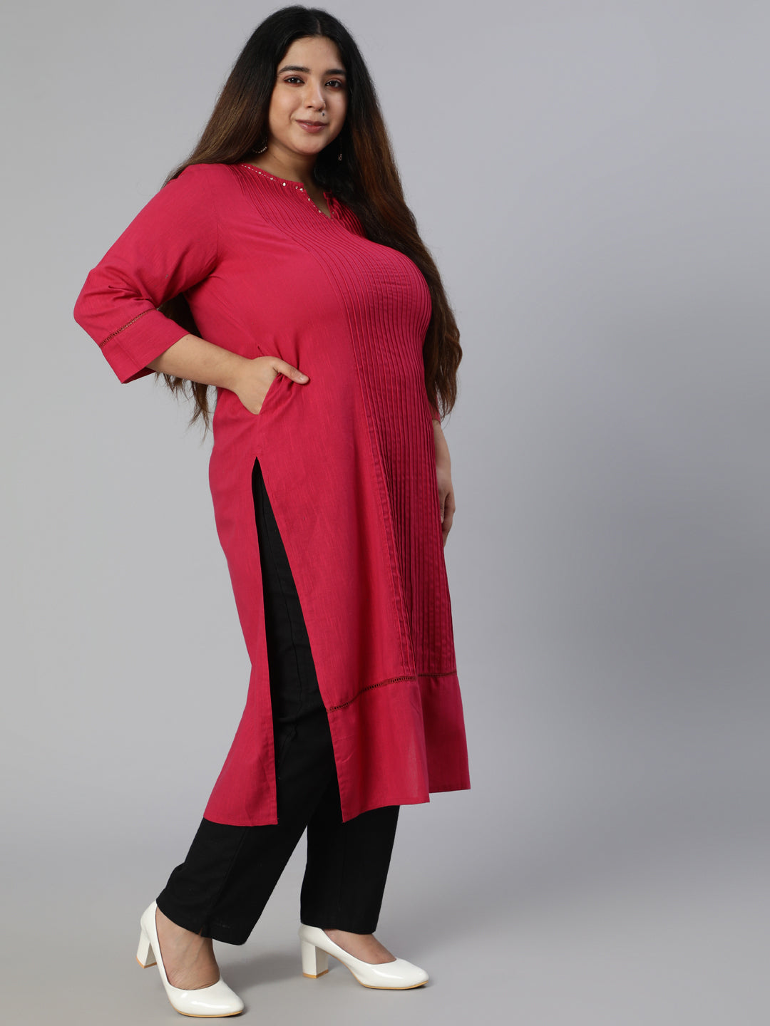 Pink Cotton Pin Tucks Straight Kurta With Pants