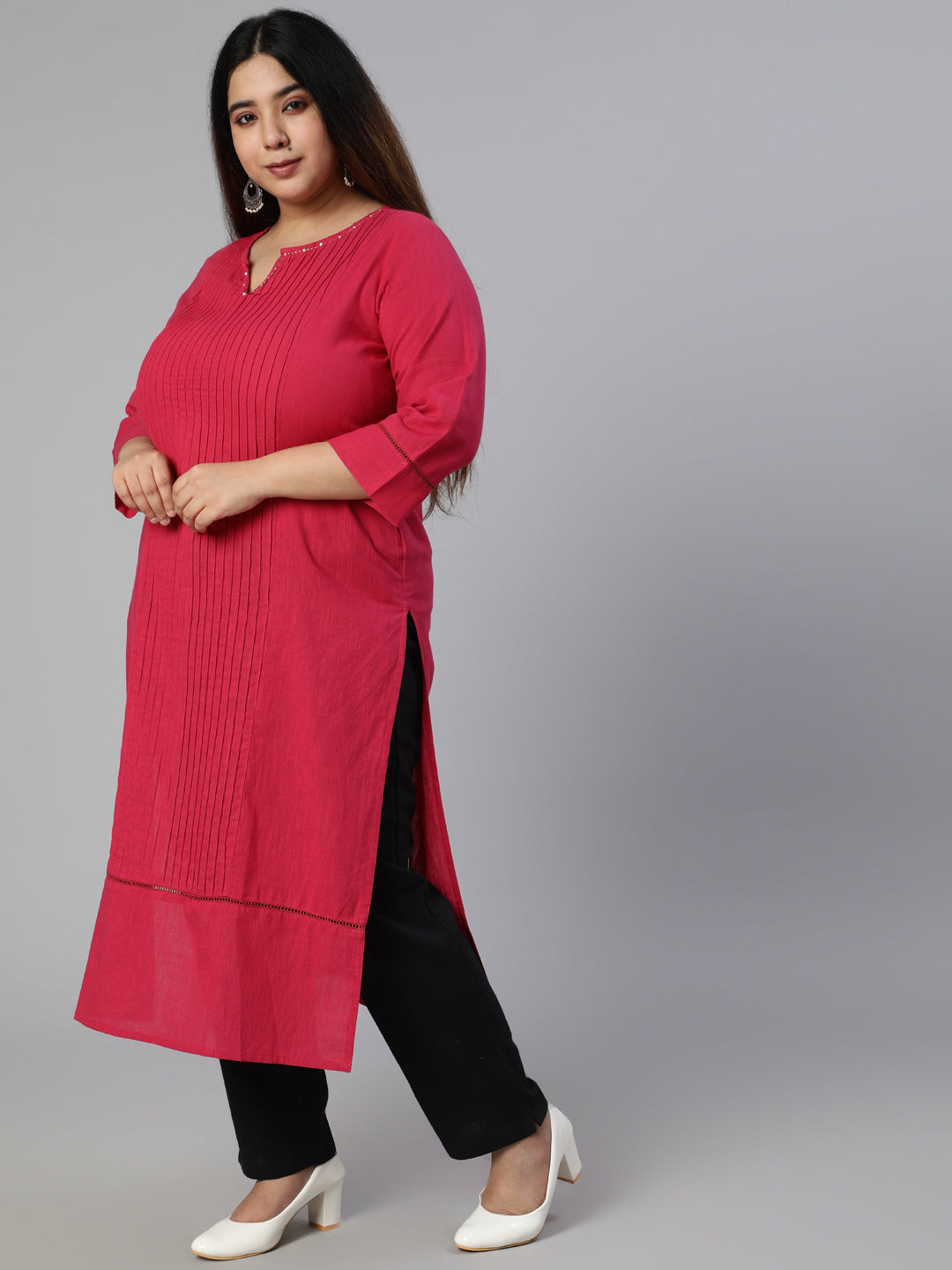 Pink Cotton Pin Tucks Straight Kurta With Pants