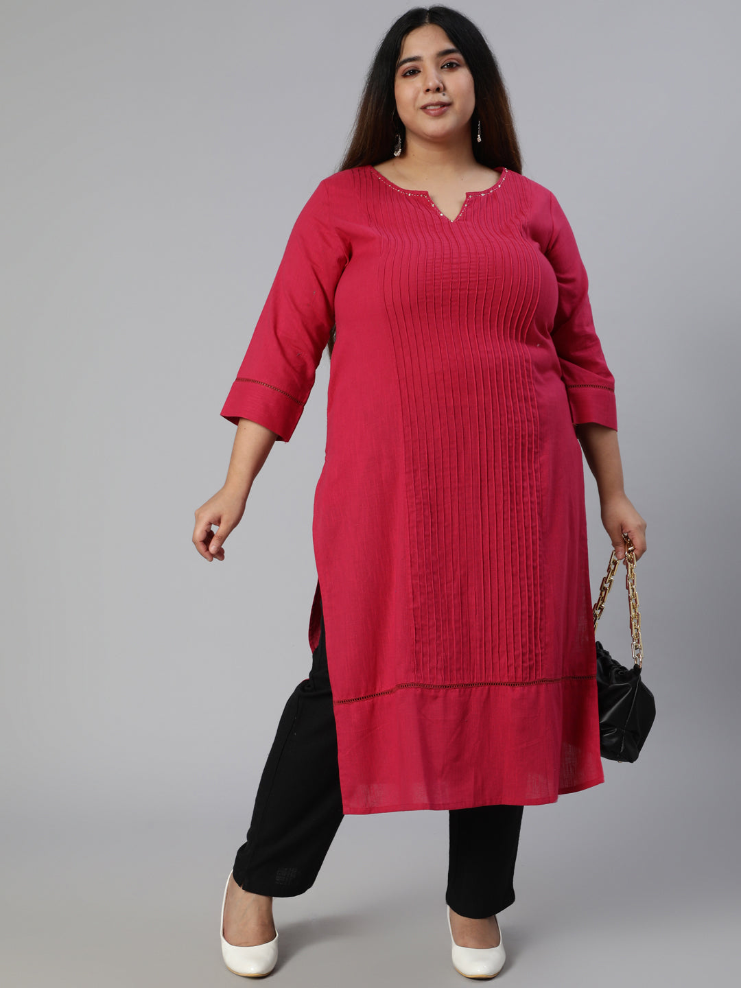 Pink Cotton Pin Tucks Straight Kurta With Pants