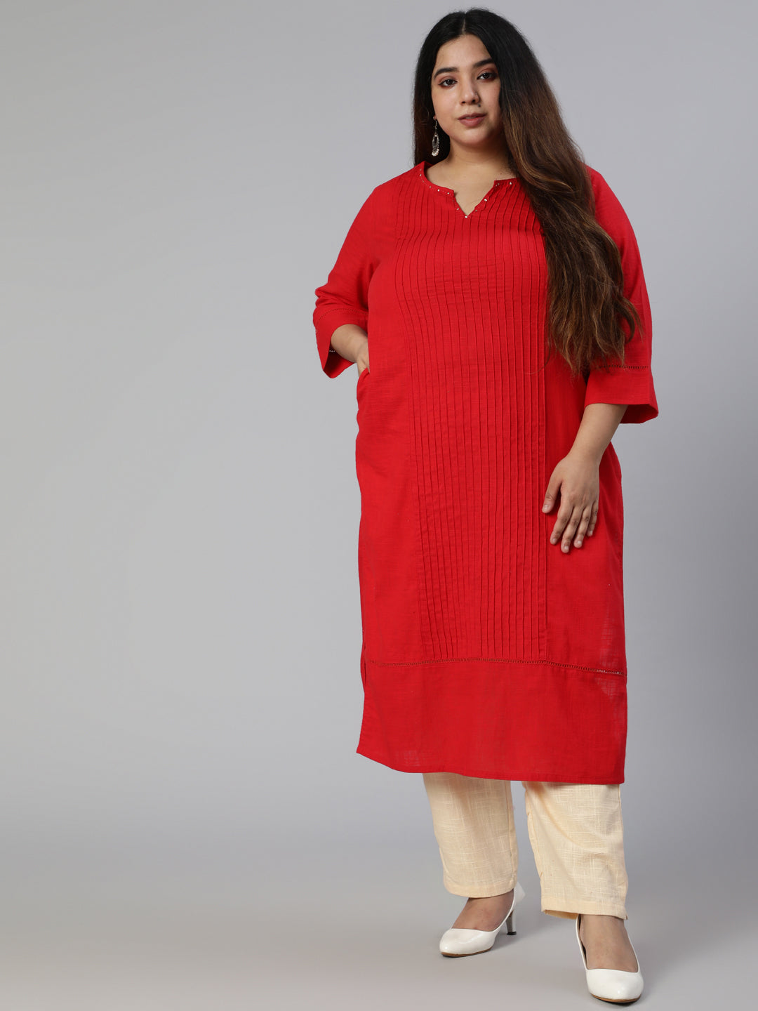 Red Cotton Pin Tucks Straight Kurta With Pants