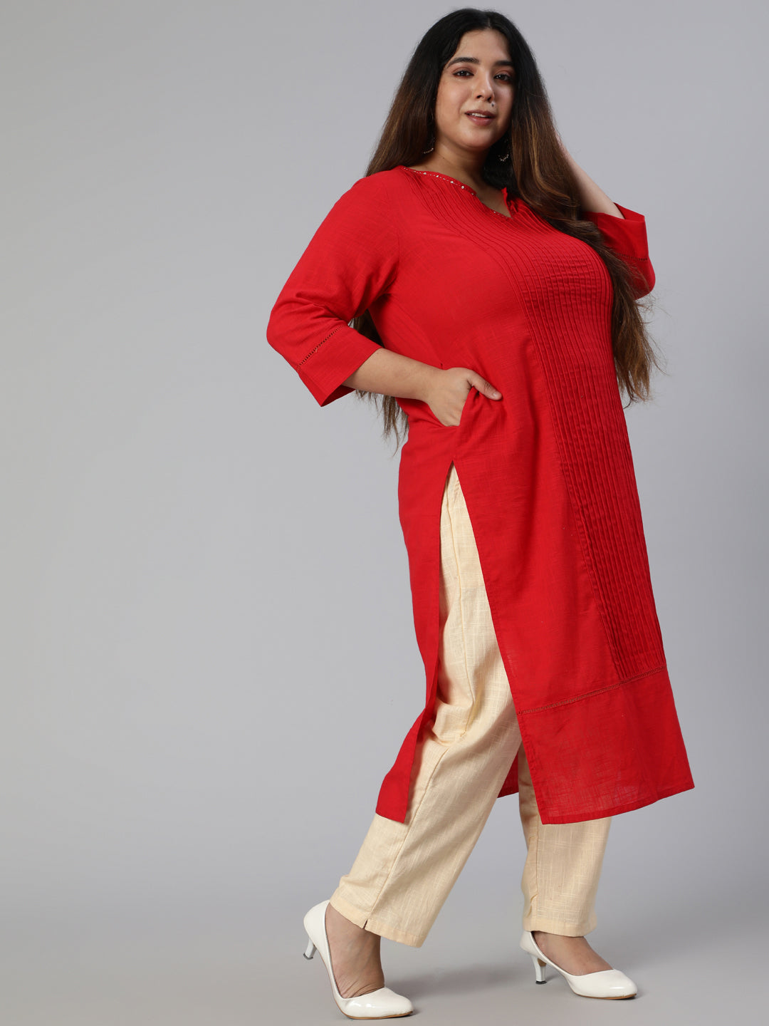 Red Cotton Pin Tucks Straight Kurta With Pants