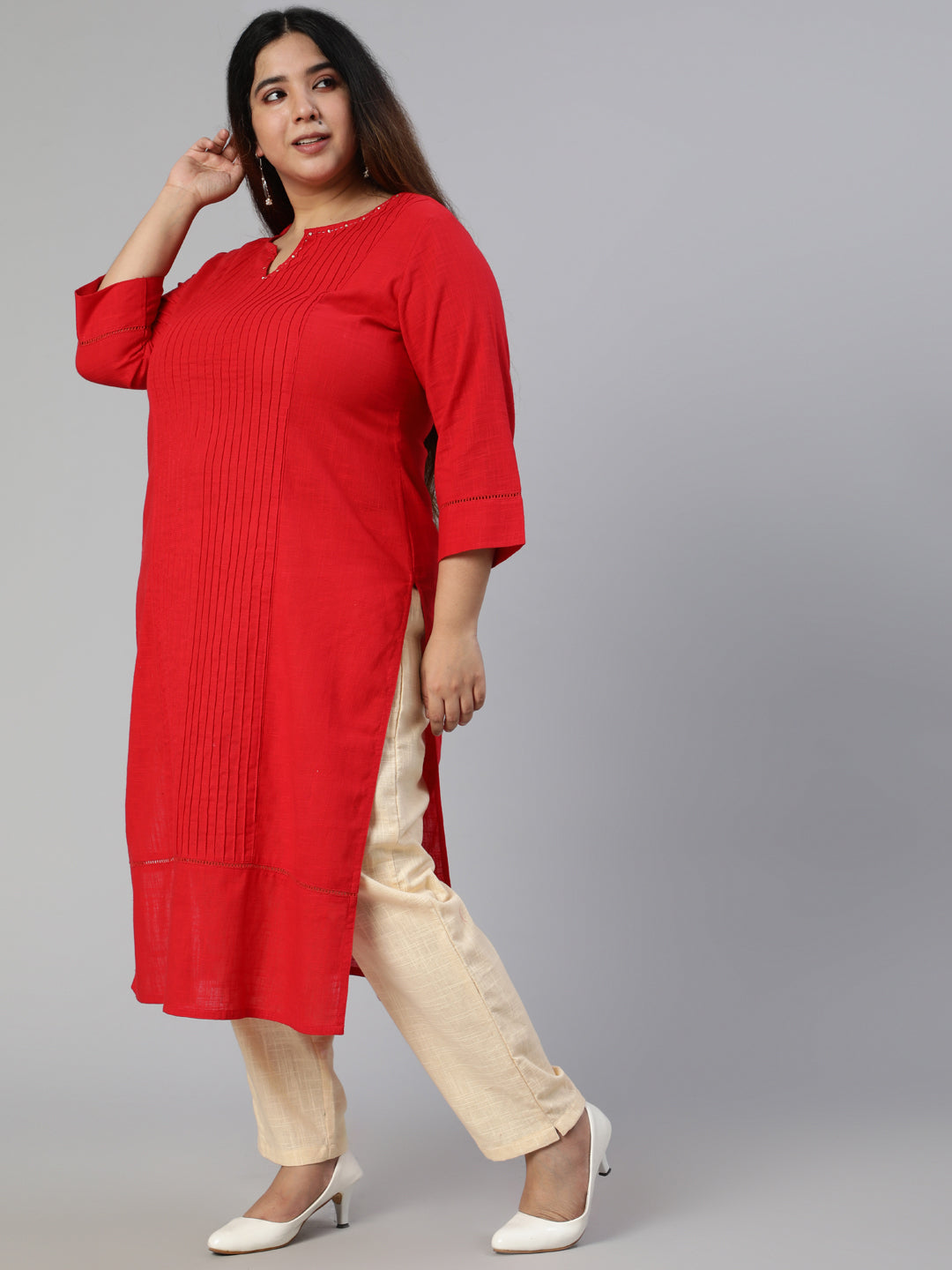 Red Cotton Pin Tucks Straight Kurta With Pants
