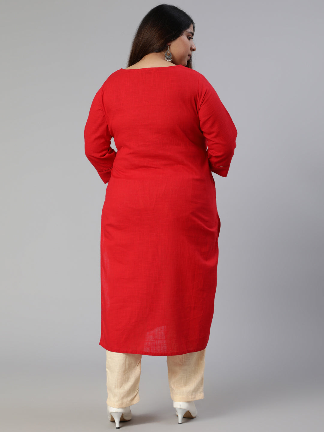 Red Cotton Pin Tucks Straight Kurta With Pants